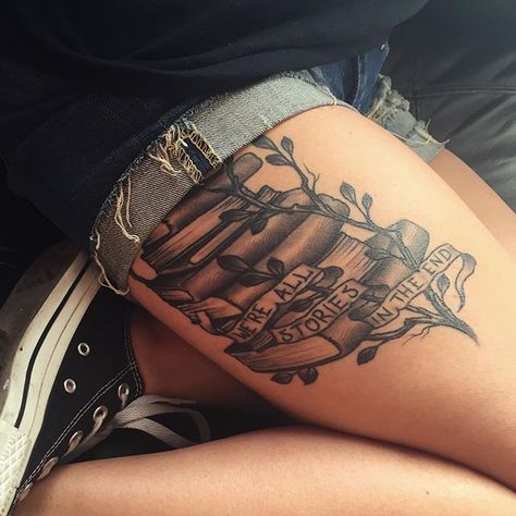 Thigh Book Tattoos Women, Book Lover Tattoo Ideas For Women, Half Calf Tattoo, Thigh Book Tattoo, Book Tattoo Thigh, Book Theme Tattoo Ideas, Book Thigh Tattoo, Book Theme Tattoo, Reader Tattoo Ideas