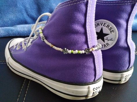 Converse Shoes Purple, Purple And Black Converse, Dark Purple Converse, Purple Converse Low Top, Electric Purple Converse, Shoe Accessories Diy, Electric Purple, Accessories Diy, Bead Charms