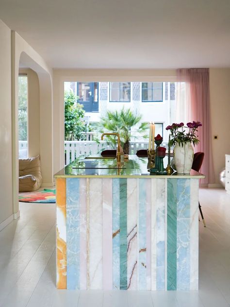 Anti-Marble, This Stylist Wrapped Her Island in Colorful Onyx Colorful House Inspiration, Leftover Marble Ideas, Cool Kitchen Island Ideas, Different House Styles Interiors, Colorful Kitchen Island, Kitchen Open Shelving Ideas, Idea For Kitchen, Onyx Kitchen, Cool Shelves