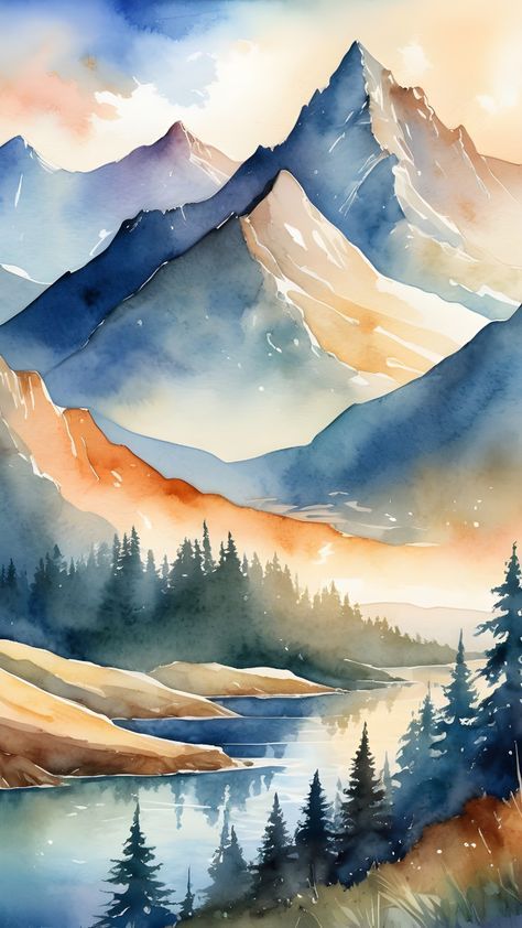 Mountain Watercolor, The Deep Ocean, Sunset Canvas Painting, Pointed Pen Calligraphy, Watercolor Art Landscape, Watercolor Paintings Nature, Pen Calligraphy, Watercolour Paint, Scenery Paintings