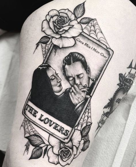 The Lovers Halloween Tattoo, Morticia And Gomez The Lovers Tattoo, Morticia Addams Pinup Tattoo, The Lovers Morticia And Gomez Tattoo, Horror Movie Couple Tattoos, Tara Cards Tattoo, Gomez And Morticia Tattoo Ideas, Meaningful Arm Sleeve Tattoos For Women, Morticia And Gomez Addams Tattoo Ideas