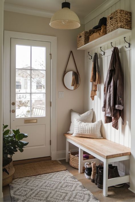 This small entryway makes great use of a tiny space with functional hooks and baskets. I love how the natural tones keep it cozy without feeling cluttered. Entry Bench Small Space, Tiny Entry Way Storage Ideas, Small Entrance Way Storage, Small Wall Tree Entryway, Very Small Entrance Hall Ideas, Small Entryway Room Ideas, Cubbies Mudroom Small Spaces, Mini Drop Zone, Smaller Home Ideas