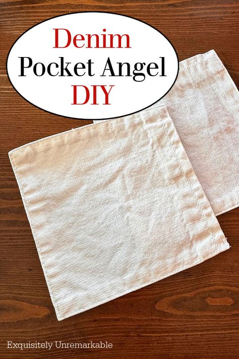 Here's how to make a sweet denim pocket angel in minutes with this quick and clear tutorial. Step by step directions to create a charming DIY ornament Jean Pocket Angels Diy, Angel Wing Template Free Printable, Fabric Angel Ornaments Diy, Primitive Angel Patterns, Ornaments From Old Clothes, Denim Christmas Ornaments, Denim Ornaments, Pocket Angels, Angel Ornaments Diy