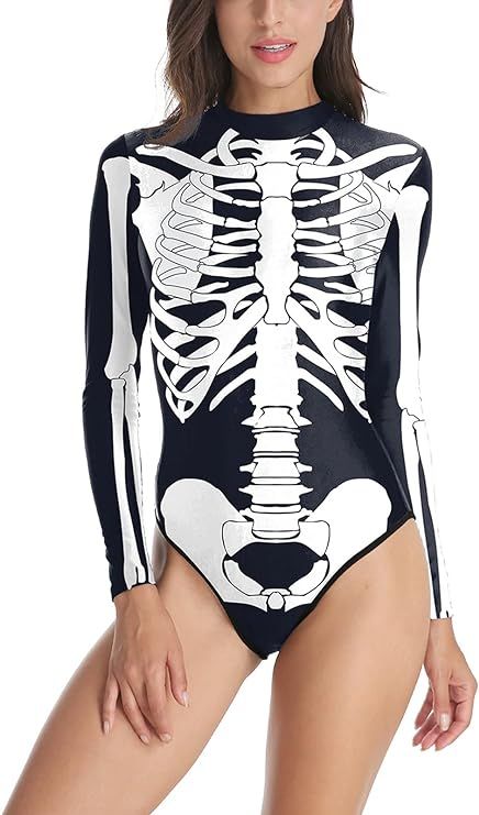 Amazon.com: Timemory Halloween Women Skeleton Print Tight One-Piece Swimsuit XXL/XXXL Black : Clothing, Shoes & Jewelry Funny Bathing Suits, Skeleton Bodysuit, Catsuit Costume, Long Sleeve Leotard, Halloween 3d, Leotard Bodysuit, Casual Bodysuit, Skeleton Print, Costume Intero