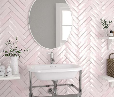 Unique Bathroom Tiles, Blush Pink Decor, Patterned Bathroom Tiles, Luxury Tile, Pink Tiles, Tile Trends, Rose Wall, Unique Bathroom, Pink Bathroom