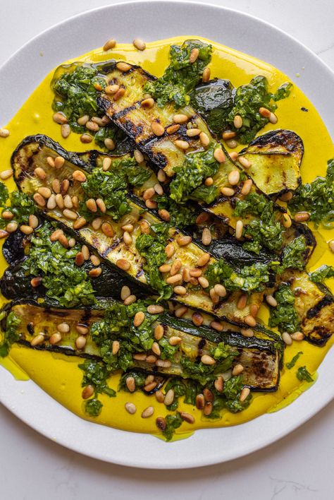 Golden Tahini with Grilled Zucchini, Herbs and Pine Nuts — Middle Eastern Pantry & Recipes | New York Shuk Middle Eastern Salads, Pine Nut Recipes, Shawarma Spices, Tahini Recipe, Pantry Recipes, Middle East Recipes, Veg Dishes, Grilled Zucchini, Confirmation Page