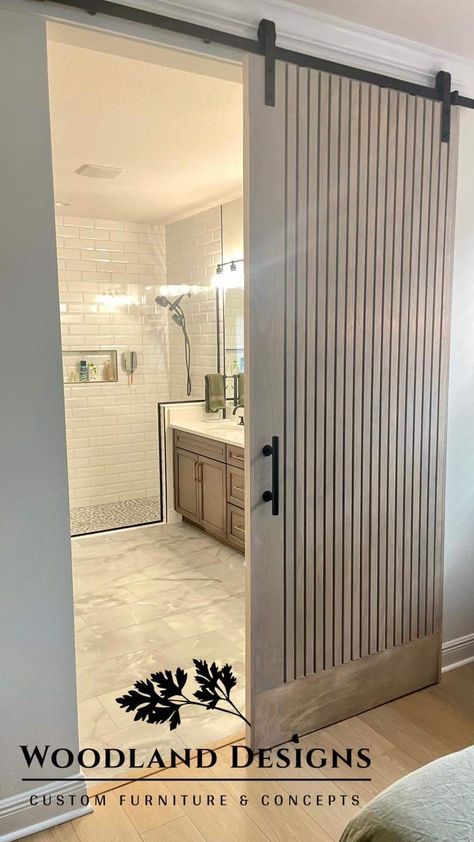 Barn door without the barn door look. (They're in Tampa!) Barn Door Into Office, Sliding Barn Door Master Bath, Barn Door In The House, Barn Door Bedroom Doors, Modern Slider Doors, Scandinavian Barn Door, Closet Doors In Bathroom, Bedroom Bathroom Door Ideas, Barn Door Alternative Bathroom