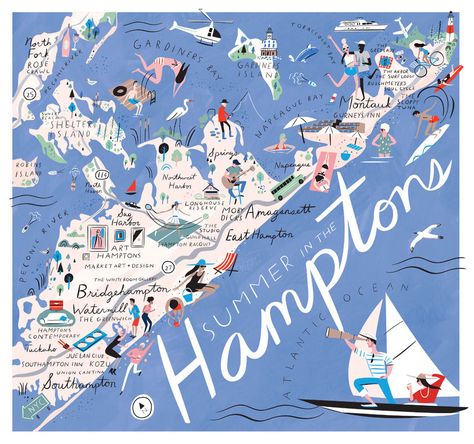 Summer in the Hamptons: Where to eat, party, work out and shop on the East End this summer. Vinyl Cafe, Map Illustrations, Hamptons Art, Hamptons Aesthetic, Hamptons Summer, South Hampton, Hamptons Style, East Hampton, Illustrated Map