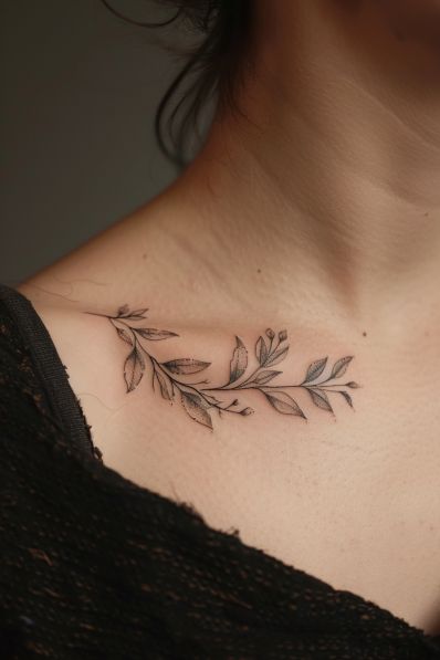 43+ Stunning Vine Tattoo Ideas Flower Vine Collar Bone Tattoo, Vine Tattoo Placement Ideas, Small Floral Vine Tattoo, Small Vines Tattoo, Vine Cover Up Tattoo, Vines Arm Tattoo, Abide Tattoo Vines, Vine Tattoo With Flowers, Grapevine Tattoo