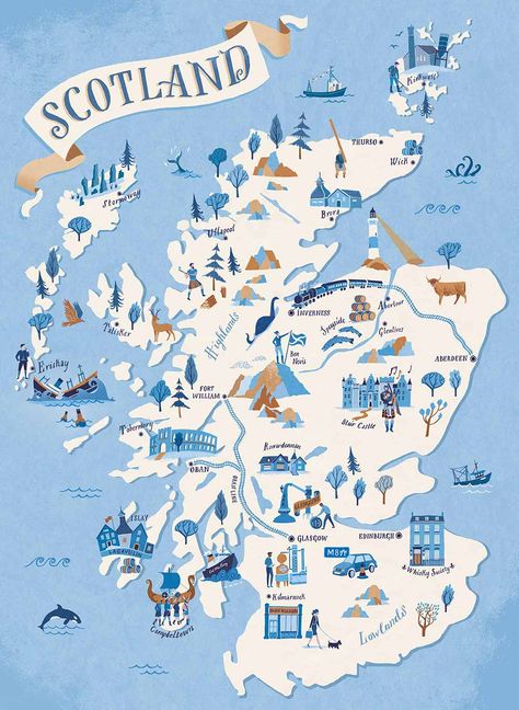 Scotland Map – Sara Mulvanny Illustration Edinburgh Scotland Map, Creative Map Design, Scotland Illustration, Creative Maps, Illustration Map, Map Of Scotland, Nautical Elements, The Loch Ness Monster, Scotland Map