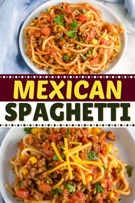 This easy one-pot Mexican spaghetti is bound to be a hit! With ground beef, diced tomatoes, veggies, corn, tomato sauce, and cheese, it's a true fiesta. Cowboy Spaghetti Recipes, Taco Speggetti Recipes, Mexican Spaghetti Recipes, Taco Spaghetti Bake, Ground Beef Diced Tomatoes, Speggetti Recipes, Taco Spaghetti Recipe, Mexican Pasta Recipes, Mexican Spaghetti