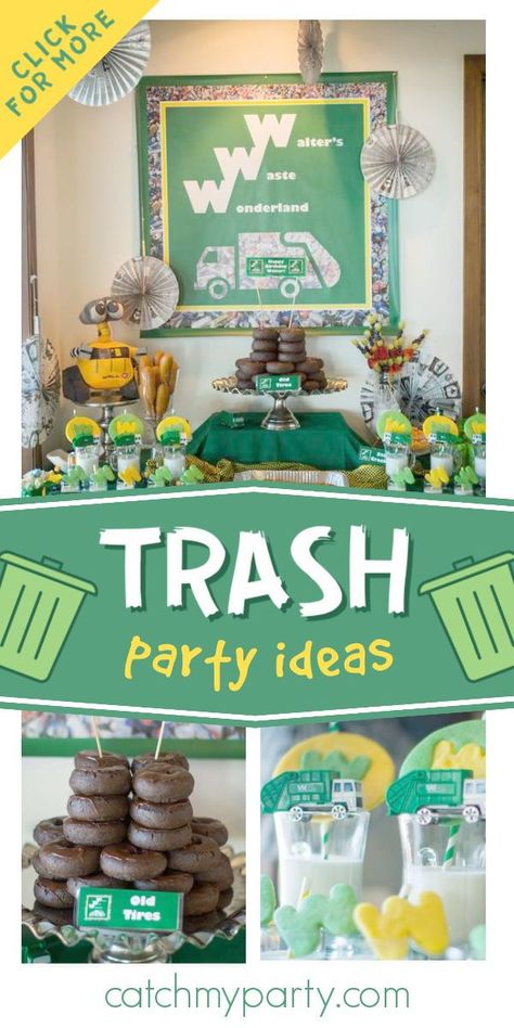 Garbage Party Ideas, Second Birthday Truck Theme, Trash Bash Food Ideas, Garbage Truck Birthday Party Ideas, Recycling Party Ideas, Trash Truck Birthday Party Food, Trash Party Ideas, Recycle Birthday Party, Waste Management Birthday Party