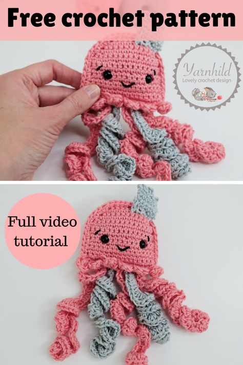 A free crochet pattern for this adorable sea creature! This crochet jellyfish is easy and quick to make. Video tutorial included! #jellyfish #crochetseaaminal #crochetjellyfish Jellyfish Creature, Octopus Crochet, Crochet Jellyfish, Octopus Crochet Pattern, Crochet Toys Free Patterns, Crocheted Jellyfish, Popular Crochet, Make Video, Crochet Collection