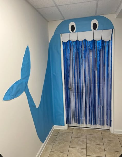 Under The Sea Hallway Theme, Diy Sea Animals Decorations, Breaker Rock Beach Vbs Door Decoration, Baby Shark Bulletin Board, Octopus Door Decoration, Whale Door Decoration, Ocean Hallway Decorations, Diy Whale Decor, Shark Door Decoration