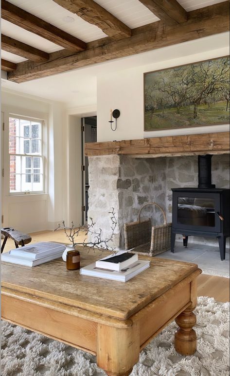 Large Cottage Fireplace, Old Dutch House Interior, Gas Brick Fireplace, Cottage Living Room Fireplace, Light Rustic Living Room, Cozy Stone Fireplace, European Cottage Fireplace, Cotswold Stone Fireplace, Cotswolds Aesthetic Interior