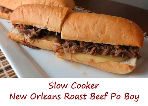 This right here is all I need on a cold day Nothing fancy, just great-tasting tender beef that melts in your mouth. On a French bread loaf  topped with a slice or two of cheese, slathered with plenty of mayonnaise. That’s it. Oh sure, I could add shredded iceberg and some tomato slices and maybe some onion. Not this time. Just give me that great New Orleans roast beef po boy flavor and I’ll be a happy guy. French Dip Crock Pot, Best Roast Beef, Shredded Beef Tacos, Mexican Shredded Beef, Beef Dip, Dip Sandwiches, Au Jus Gravy, French Dip Sandwich, French Dip
