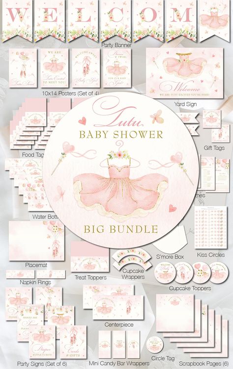 Excited to share the latest addition to my #etsy shop: Pink Tutu Printable Baby Shower Bundle Ballerina Shower Party Pack Kit Party Package Baby Shower Decor Party Decorations Big Bundle DIGITAL https://etsy.me/40Jnfl3 #pink #babyshower #gold #babyshowerdecor #partydec Ballerina Printable, Cupcake Rosa, Tutu Baby Shower, Straw Flags, Party Girlande, Tutu Party, Dear Baby, Pick 3, Bag Topper