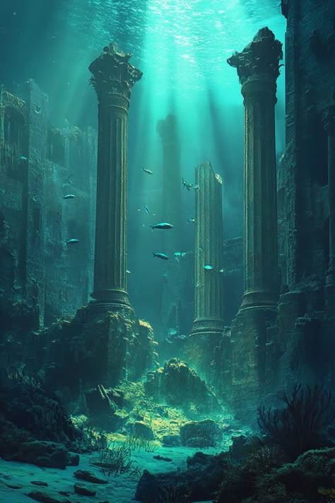 Underwater Greek Ruins, Underwater Ruins Concept Art, Underwater Ruins Fantasy Art, Dnd Underwater City, Dark Underwater Aesthetic, Underwater Building, Underwater Concept Art, Ocean Mysteries, Underwater Civilization