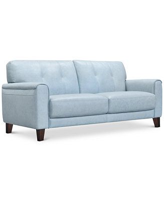 Light Blue Leather Sofa, Light Blue Leather Couch, Coastal Couches, Beachy Living Room Ideas, Blue Leather Couch, Turquoise Couch, Blue Sofa Living, Light Blue Sofa, Blue Leather Sofa