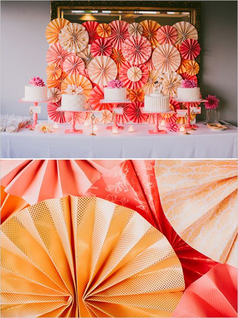 orange and pink cake table Pinwheel Wedding, Pink Dessert Tables, Events Theme, Paper Pinwheels, Food Fest, Pink Desserts, Prom 2020, Paper Fan, Events Ideas