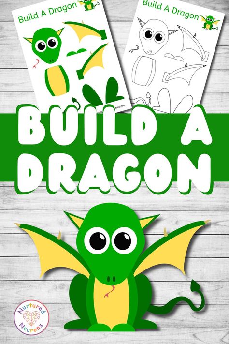 Dragon Projects Preschool, Dragon Cutout Template, Build A Dragon Printable, Make A Dragon Craft, Easy Dragon Craft, Dragon Theme Preschool, Dragon Bulletin Board Ideas, Dragon Toddler Craft, Dragon Crafts For Toddlers