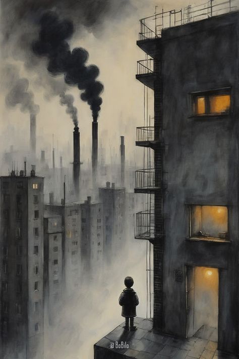 The child looks at the smoking pipes Dystopian Sketch, Art After Dark, Industrial Landscape, Architecture Drawing Sketchbooks, Cityscape Art, Landscape Drawings, City Landscape, But Why, Art Inspiration Painting