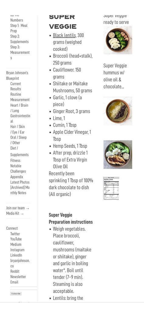 Bryan Johnson Diet, Bryan Johnson Blueprint, Bryan Johnson, Vegan Meal Plans, Carb Meals, Diet Menu, Diy Health, Menu Ideas, Diet Meal Plans