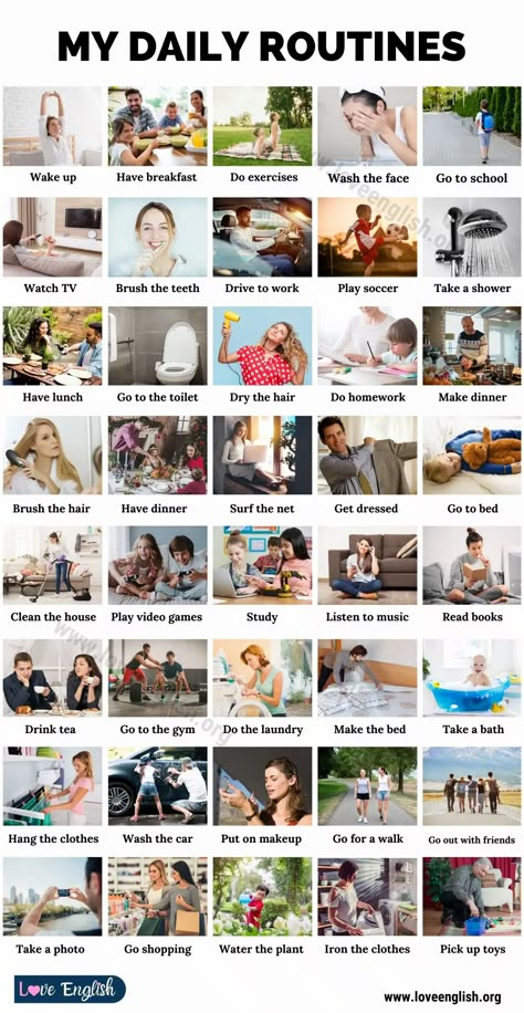 Daily Routine: Talking about your Daily Activities (with Useful Examples) - Love English Daily Routine In English, Study English Language, My Daily Routine, English Language Learning Grammar, Learning English For Kids, English Learning Spoken, English Verbs, English Vocab, Interesting English Words