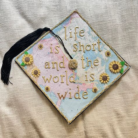 mamma mia inspired graduation cap “life is short and the world is wide” #mammamia #graduation #graduationcap #gradcap #graduationcapdesigns #adventure Little Women Graduation Cap, Grad Cap Mamma Mia, Travel Grad Cap, Mama Mia Graduation Cap, Fleetwood Mac Graduation Cap, Mamma Mia Parking Spot, Gilmore Girls Graduation Cap, Mamma Mia Graduation Cap, Painted Graduation Cap