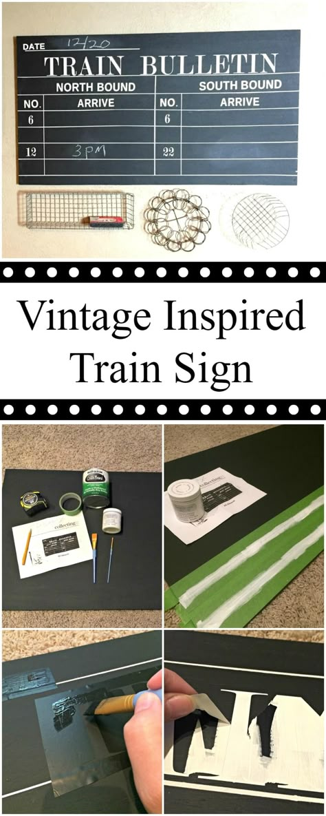 Make Your Own Vintage Inspired Chalkboard Train Sign - Sometimes Homemade Vintage Train Decor, Train Station Bedroom, Diy Train Decor, Train Depot Decor, Train Station Decor, Transport Bedroom, Train Station Aesthetic, Train Vbs, Train Room Decor