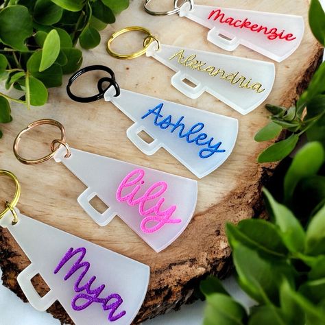 Cheer Keychain, Laser Crafts, Cheer Competition, Glowforge Projects, Cheerleading Squad, Cheer Coach, Engraved Acrylic, Cheerleading Gifts, Cheer Coaches