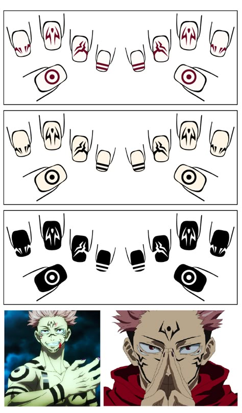 Anime Short Nail Designs, Manga Nails Design, Rengoku Inspired Nails, Cute Nails Anime, Jujitsu Kaisen Nail Art, Anime Design Nails, Inspired Nails Anime, Sukuna Nails Short, Sukuna Nails Acrylic