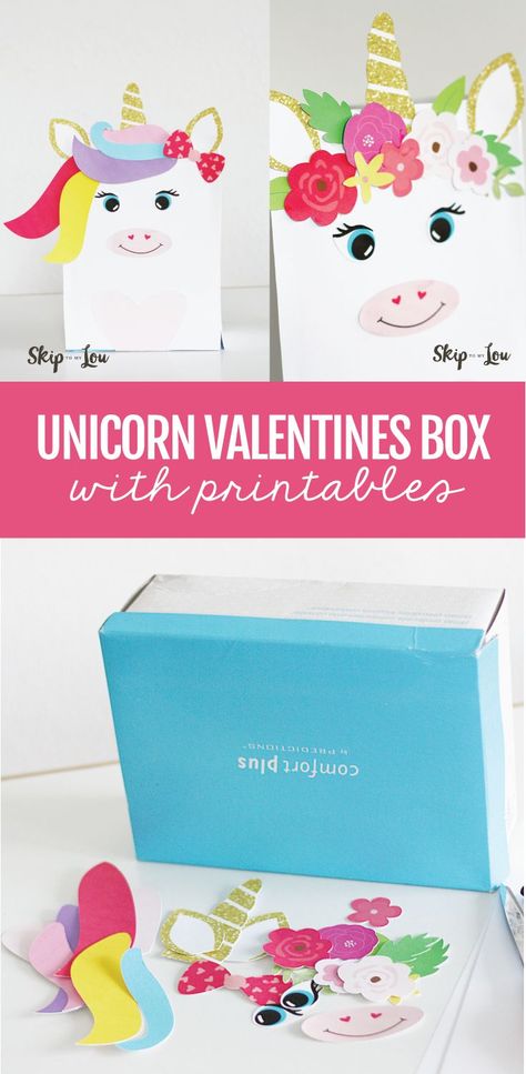 Magical Unicorn Valentine Box with FREE printables! Mermaid Valentines Boxes, Valentine Box Unicorn, Unicorn Valentine Box Diy, Pokemon Valentines Box, Unique Valentine Box Ideas, Girls Valentines Boxes, Valentine Boxes For School, Minnie Mouse Valentines, Pokemon Valentine