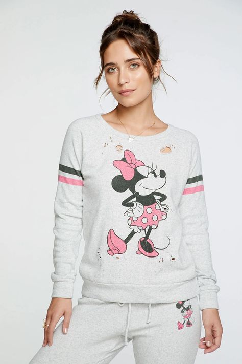 Disney's Minnie Mouse - Minnie Bow - chaserbrand.com Minnie Bow, Distressed Sweatshirt, Classic Cartoons, Disney Ladies, Grey Women, Cozy Knits, Vintage Sweatshirt, Long Sleeve Pullover, Minnie Mouse