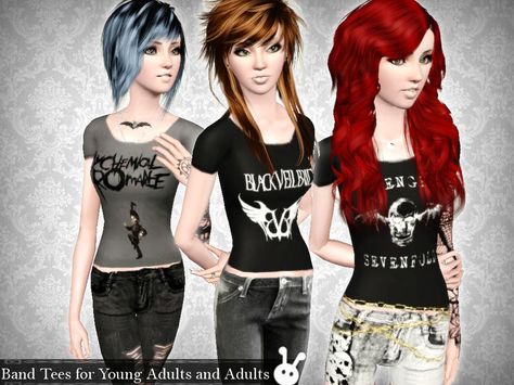 My Chemical Romance, Black Veil Brides and Avenged Sevenfold band tees for your young adult and adult sim's everyday, sleep and athletic wear! Comes with fancy pantsy launcher and CAS thumbnails, I... Sims 4 Band Tees, Sims 2 Emo Cc, Sims 4 Cc Band Tees, Scene Belt, Mcr Band, Avenged Sevenfold Band, Sims 3 Cc Clothes, Ts3 Cc, Cc Shopping