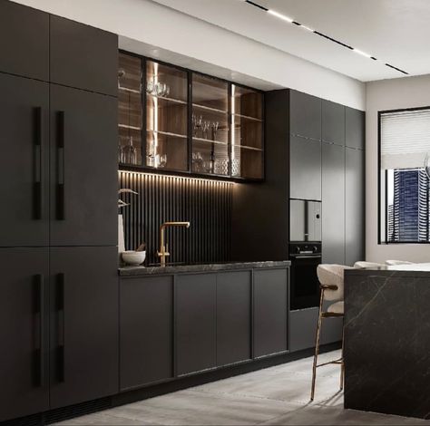 Kitchen Cabinet Brown, Glass Kitchen Cabinet, Glass Kitchen Cabinets, Penthouse Design, Modern Kitchen Cabinet Design, Interior Design School, Brown Kitchen, Kitchen Decor Apartment, Modern Kitchen Cabinets