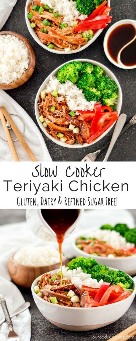 This Slow Cooker Teriyaki Chicken is an easy recipe perfect for busy weeknights! Serve with stir-fried veggies and you have a delicious and healthy dinner! Gluten-free, dairy-free and refined sugar free! Teriyaki Chicken Recipe, Dairy Free Bread, Pollo Teriyaki, Slow Cooker Teriyaki Chicken, Slow Cooker Teriyaki, Chicken Teriyaki Recipe, Dairy Free Snacks, Cooking Pumpkin, Dairy Free Dinner