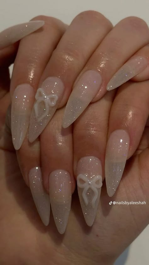 Quartz Nails, Bow Nail Art, Bow Nail, Milky Nails, Classy Acrylic Nails, Soft Nails, Bling Acrylic Nails, Nail Stuff, New Nails