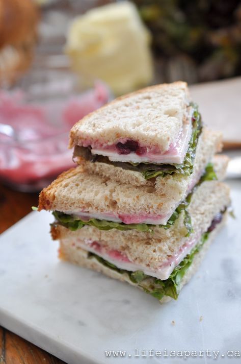 Easy Turkey Sandwiches with Cranberry Mayo - Life is a Party Turkey Tea Sandwiches Recipes, Apple Tea Sandwiches, Turkey Cranberry Tea Sandwich, Easy Finger Sandwiches For Party, Savory Tea Sandwiches, Turkey And Cranberry Sandwich, Christmas Tea Sandwiches, Turkey Tea Sandwiches, Turkey Cranberry Sandwich