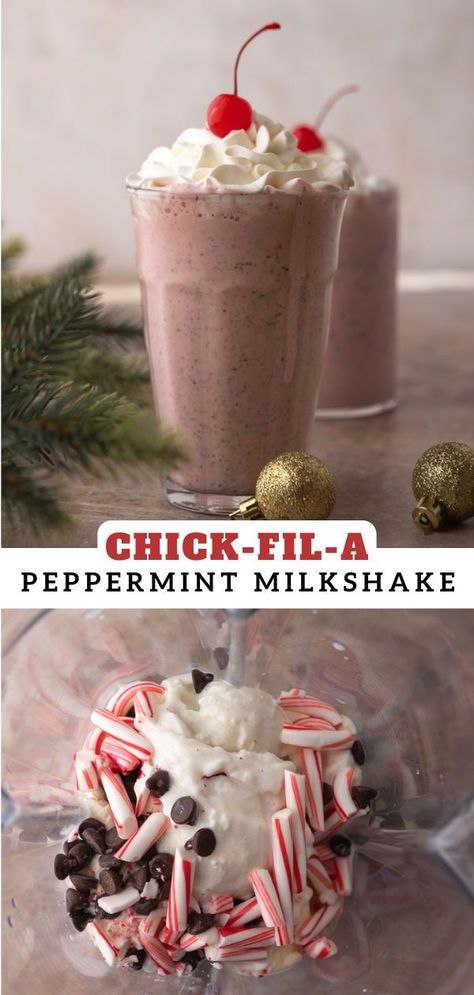 This Chick-fil-A peppermint milkshake copycat recipe is a delicious dupe to the seasonal Chick-fil-A milkshake. This one is creamy, refreshing, and packed with peppermint and chocolate flavors. The whole thing is topped off with whipped cream and a maraschino cherry. It’s truly Christmas in a milkshake! Try it out and let me know what you think. Peppermint Shake Chick Fil A, Copycat Chick Fil A Peppermint Milkshake, Chocolate Malt Milkshake, How To Make A Milkshake With Ice Cream, Chick Fil A Peppermint Milkshake Recipe, Chick Fil A Milkshake, Chick Fil A Peppermint Milkshake, Best Milkshake Recipe, Peppermint Shake Recipe