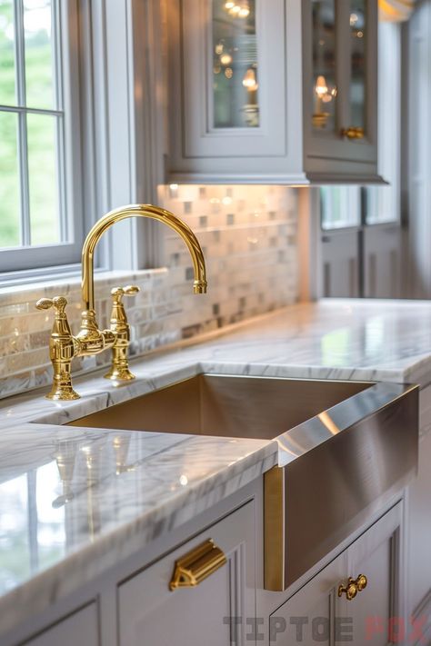 grey cabinets gold faucet silver sink White Kitchen With Gold Faucet, Best Gold Kitchen Faucet, Gold Fixtures In Kitchen, White Sink With Gold Faucet, Gold Hardwear Kitchen, Grey And Gold Kitchen Ideas, White Sink Gold Faucet, Kitchen Sink With Gold Faucet, Gold Fixtures Kitchen