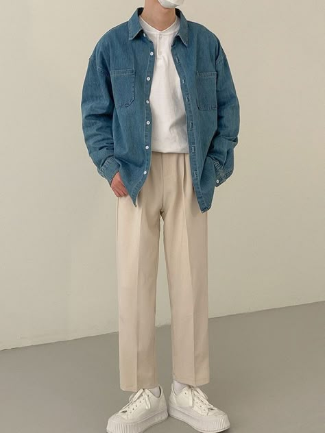 Loose Shirt Outfit, Blue Denim Jacket Outfit, Korean Outfits Men, Korean Men Fashion, Men's Capsule Wardrobe, Denim Shirt Outfit, Korean Street Fashion Men, Denim Outfit Men, Jacket 2022