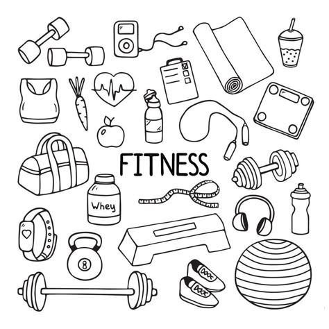 Fitness doodles set. Sketch of sport equipment with scales, barbell, ball, measuring tape, bottle, apple. Hand drawn vector illustration isolated on white background. Workout Aesthetic Drawing, Fitness Symbols Icons, Cartoon Dumbell, Gym Equipment Illustration, Gym Doodle Art, Gym Vector Art, Workout Drawings Art, Kettlebell Drawing, Goal Doodle