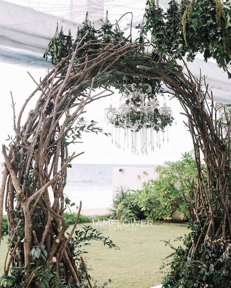 Stick Wedding Arch, Rustic Arbor Wedding, Rustic Alter Wedding, Wedding Arch Unique, Pine Arch Wedding, Willow Arch Wedding, Woodsy Wedding Arch, Alternative To Wedding Arch, Fantasy Wedding Arch