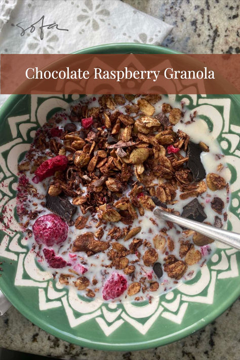 bowl of chocolate granola with pieces of chocolate and chunks of dehydrated raspberries. Dehydrated Granola, Olive Oil Granola Recipe, Dehydrated Raspberries, Raspberry Granola, Granola Recipe Homemade, Baked Granola, Raw Pumpkin Seeds, Toast In The Oven, Chocolate Granola