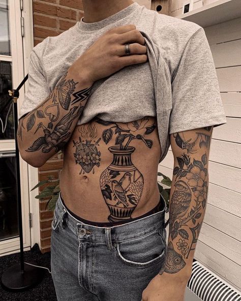 Andrew Tattoo, Tumblr Tattoo, Pin Tattoo, Small Chest Tattoos, Torso Tattoos, Tattoo Inspiration Men, Inspiration Tattoos, Full Body Tattoo, Stomach Tattoos