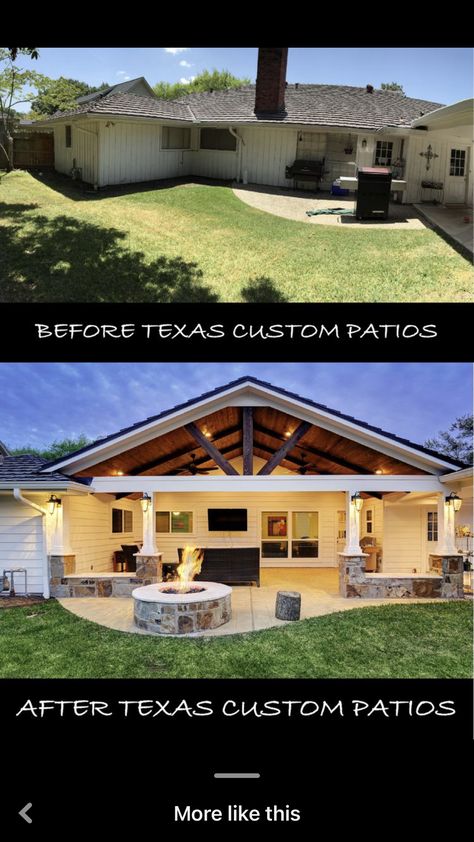 Covered Patio Farmhouse, Outdoor Patio Remodel, Backyard Additions Covered Patios, Back Patio Transformation, Garage Patio Ideas Living Spaces, Covered Patio Diy How To Build, Covered Front Patio Ideas, Pavilion Off Back Of House, Huge Outdoor Living Space