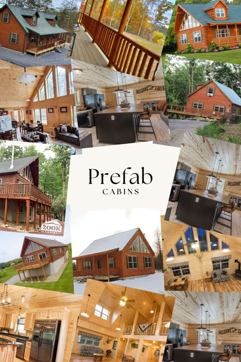 collage of interior and exterior prefab log cabin pictures Cabin Modular Homes, Log Cabin Modular Homes, Zook Cabins, Prefab Log Cabins, Tiny House Plans Small Cottages, Silo House, Luxury Log Cabins, Log Home Floor Plans, Narrow Lot House Plans