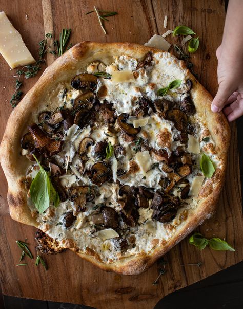 Chili Crisp Noodles, White Wine Pasta, Goats Cheese Flatbread, Wine Pasta, Caramelized Onions And Mushrooms, Fried Pork Belly, Goat Cheese Pizza, Mushroom Pizza, Roasted Mushrooms