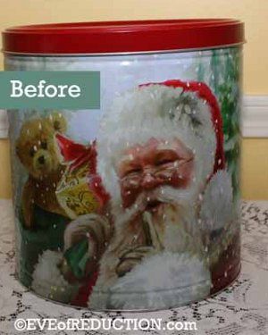 Repurposed Popcorn Tin, Christmas Popcorn Tin Can Crafts Ideas, Popcorn Tins Repurpose, Popcorn Tin Repurpose Diy, Cookie Tins Repurposed, Christmas Tin Can Crafts Ideas, Christmas Popcorn Tins, Flea Market Crafts, Coffee Can Crafts